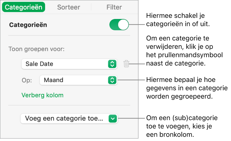 De navigatiekolom 'Categorieën' met de volgende opties: categorieën uitschakelen, categorieën verwijderen, gegevens anders groeperen, een bronkolom verbergen en categorieën toevoegen.