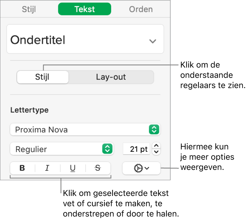 De stijlregelaars in de navigatiekolom met uitleg bij de knoppen 'Vet', 'Cursief', 'Onderstreept' en 'Doorgehaald'.