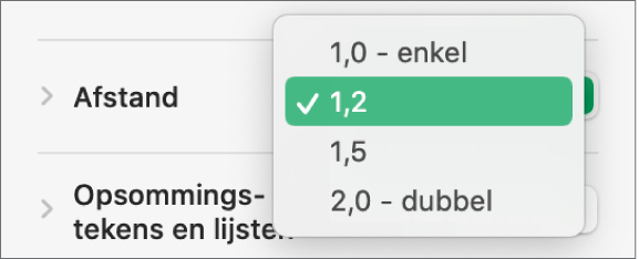 Het pop‑upmenu 'Afstand' met onder andere de opties 'Enkel' en 'Dubbel'.