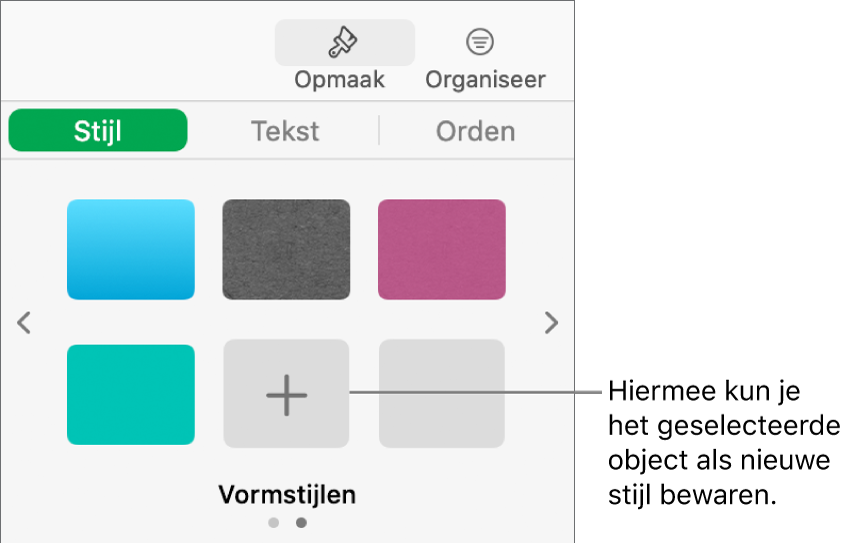 Het tabblad 'Stijl' in de navigatiekolom 'Opmaak' met vier afbeeldingsstijlen, een knop voor het aanmaken van een stijl en een lege plaatsaanduiding voor een stijl.