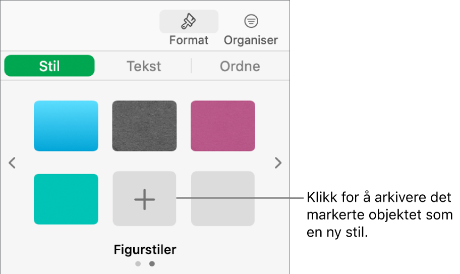 Stil-fanen i Format-sidepanelet, med fire bildestiler, en Opprett stil-knapp og en tom stilplassholder.