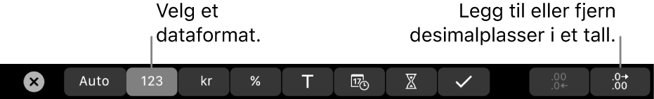 Touch Bar på MacBook Pro med kontroller for å velge et dataformat og legge til eller fjerne desimalplasser for et tall.