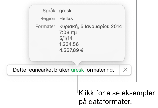 Varsling som viser en annen språk- og regionsinnstilling, med eksempler på formatering for det språket og den regionen.