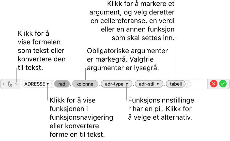 Formelredigering viser ADRESSE-funksjonen og argumentbobler.