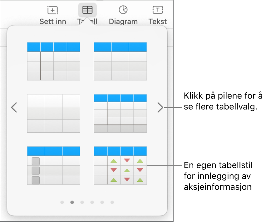 Tabellmenyen, som viser miniatyrer av tabellstiler, med en spesialstil for å skrive inn aksjeinformasjon nederst til høyre. Seks prikker nederst viser at du kan sveipe for å vise flere stiler.