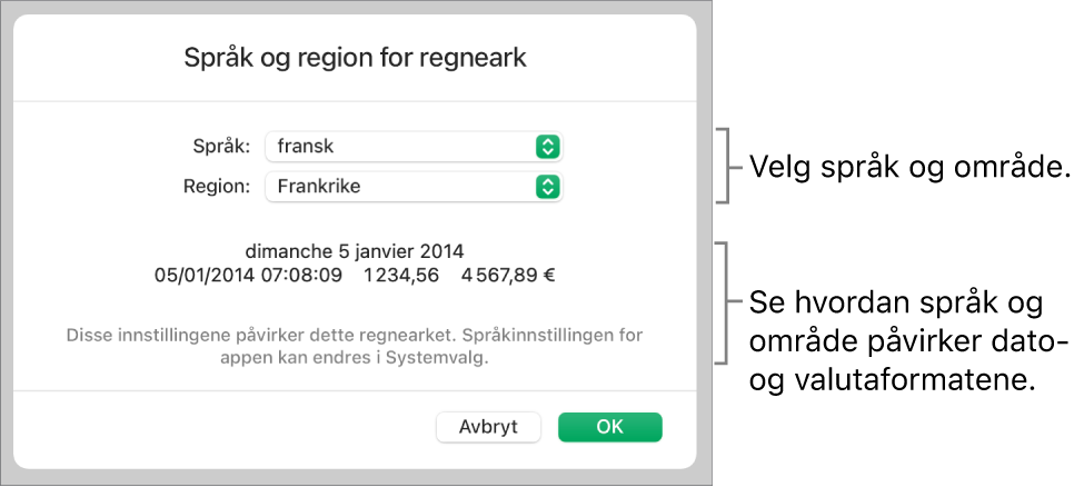 Språk og område-panelet med kontroller for språk og område, og et formateksempel med dato, klokkeslett, desimaler og valuta.