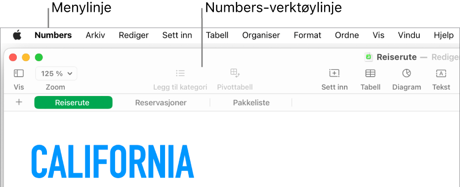 Menylinjen øverst på skjermen med menyene Apple, Numbers, Arkiv, Rediger, Sett inn, Tabell, Organiser, Format, Ordne, Vis, Vindu og Hjelp. Under menylinjen er det et åpent Numbers-regneark med verktøylinjeknapper øverst for Vis, Zoom, Legg til kategori, Pivottabell, Sett inn, Tabell, Diagram og Tekst.