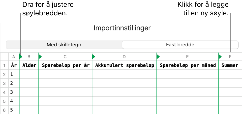 Importinnstillingene for en tekstfil med fast bredde.