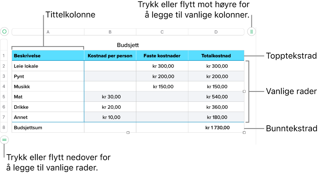 En tabell som viser tittelrader og -kolonner, vanlige rader og kolonner, bunnrader og -kolonner og håndtak for å legge til eller slette rader eller kolonner.