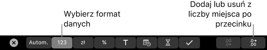Pasek Touch Bar na MacBooku Pro z narzędziami do wybierania formatu danych oraz dodawania lub usuwania miejsc po przecinku.