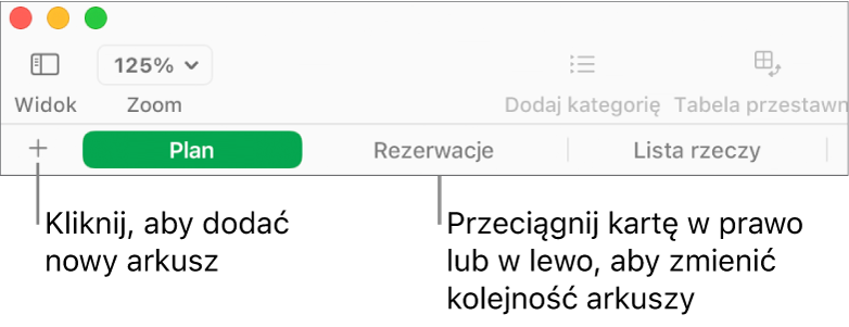 Pasek kart pozwalający na dodawanie nowego arkusza i porządkowanie arkuszy.