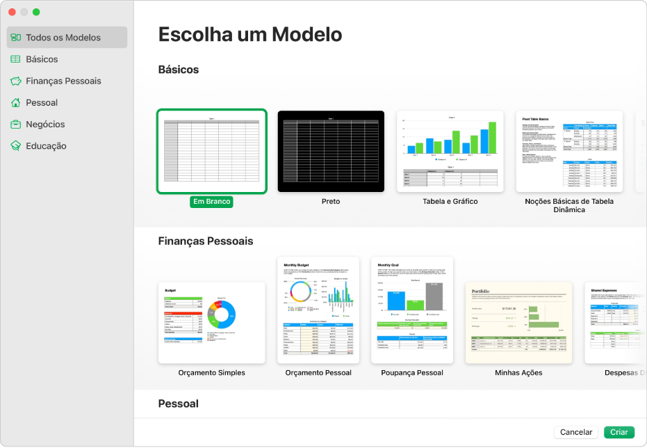 O seletor de modelos. Uma barra lateral à esquerda lista as categorias de modelos que podem ser clicadas para filtrar opções. À direita estão miniaturas de modelos predefinidos organizadas em linhas por categoria, começando com Recentes na parte superior e seguidas por Básico e Finanças Pessoais. O menu local “Idioma e Região” está no canto inferior esquerdo e os botões Cancelar e Criar estão no canto inferior direito.