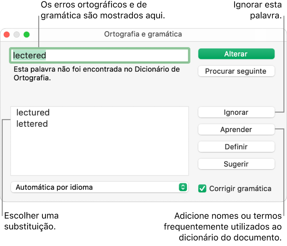 A janela “Ortografia e gramática”.