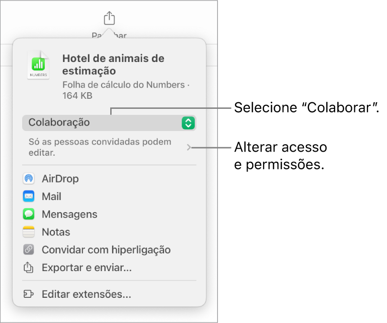 O menu "Partilha” com “Colaboração” selecionada na parte superior e as definições de acesso e permissão por baixo.