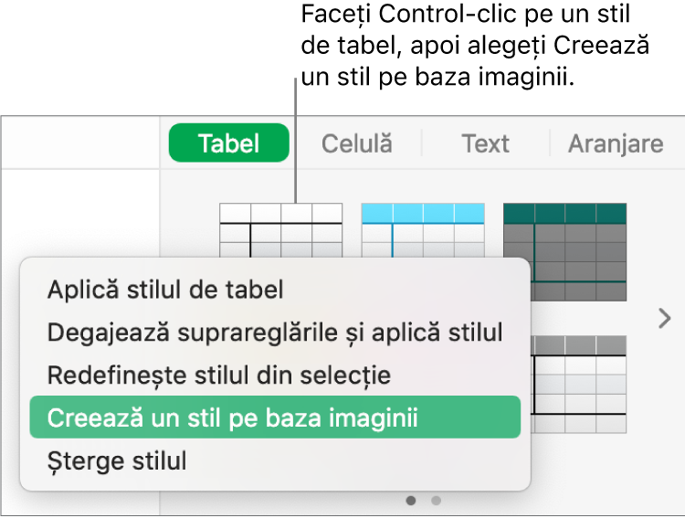 Meniul de scurtături al stilului de tabel.