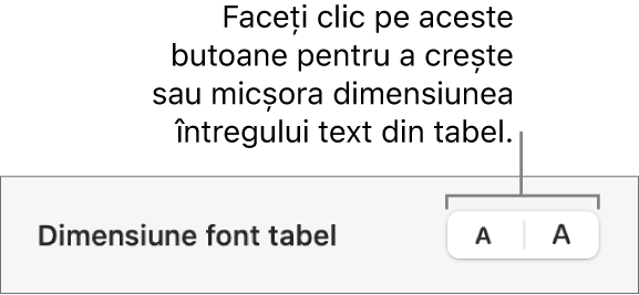 Comanda pentru dimensiunea fontului textului din tabel.