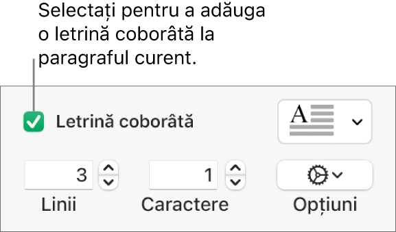 Caseta de validare Letrină coborâtă este selectată și un meniu pop-up apare în dreapta acesteia; comenzile pentru configurarea înălțimii liniei, a numărului de caractere și alte opțiuni apar sub aceasta.