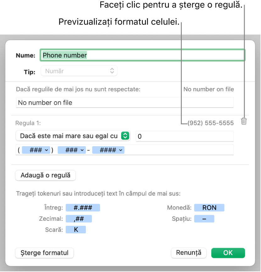 Format numeric personalizat de celulă cu reguli.