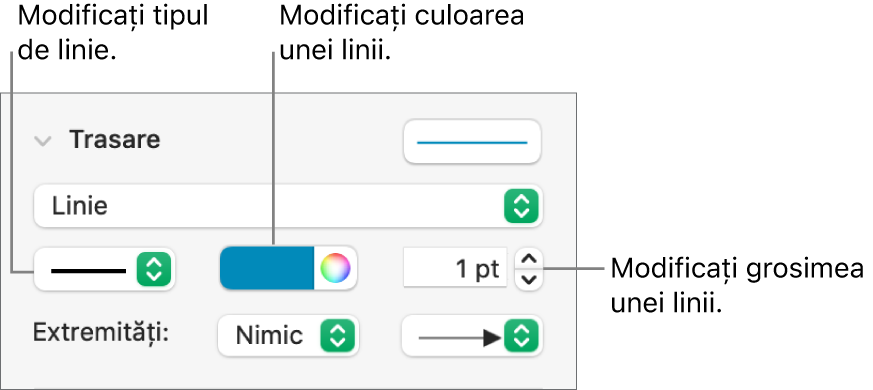 Comenzi trasare pentru configurarea extremităților, grosimii și culorii liniei.