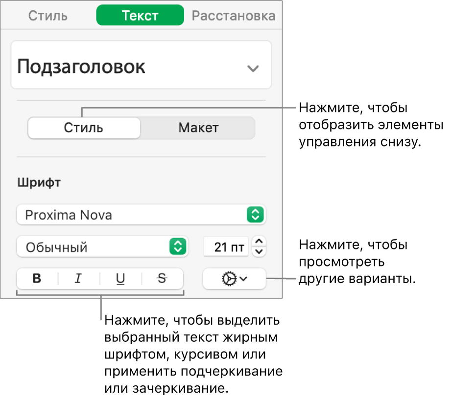 Элементы управления «Стиль» в боковой панели. Выноски указывают на кнопки «Жирный», «Курсив», «Подчеркивание» и «Зачеркивание».