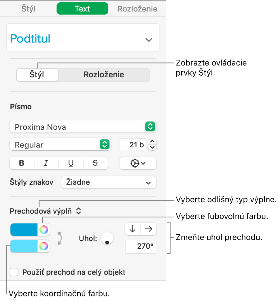 Postranný panel Text zobrazujúci postup zmeny farby textu.