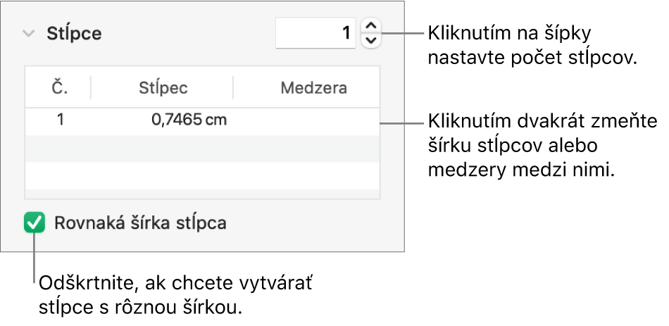 Ovládacie prvky v časti Stĺpce na zmenu počtu stĺpcov a šírky jednotlivých stĺpcov.