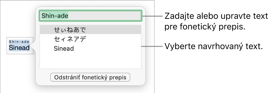 Otvorený fonetický prepis pre označené slovo s textovými bublinami na textovom poli a odporúčaný text.