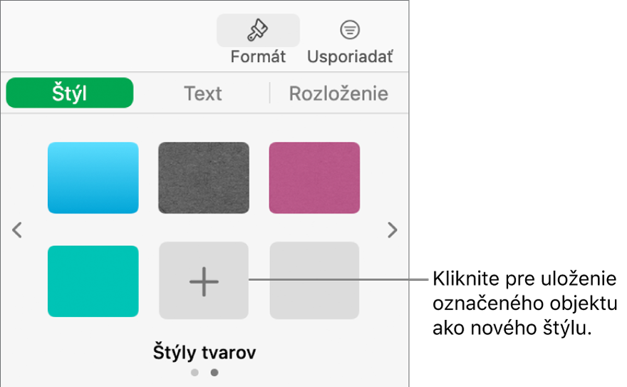 Záložka Štýl postranného panela Formát so štyrmi štýlmi obrázkov, tlačidlom Vytvoriť štýl a prázdnym vzorovým štýlom.