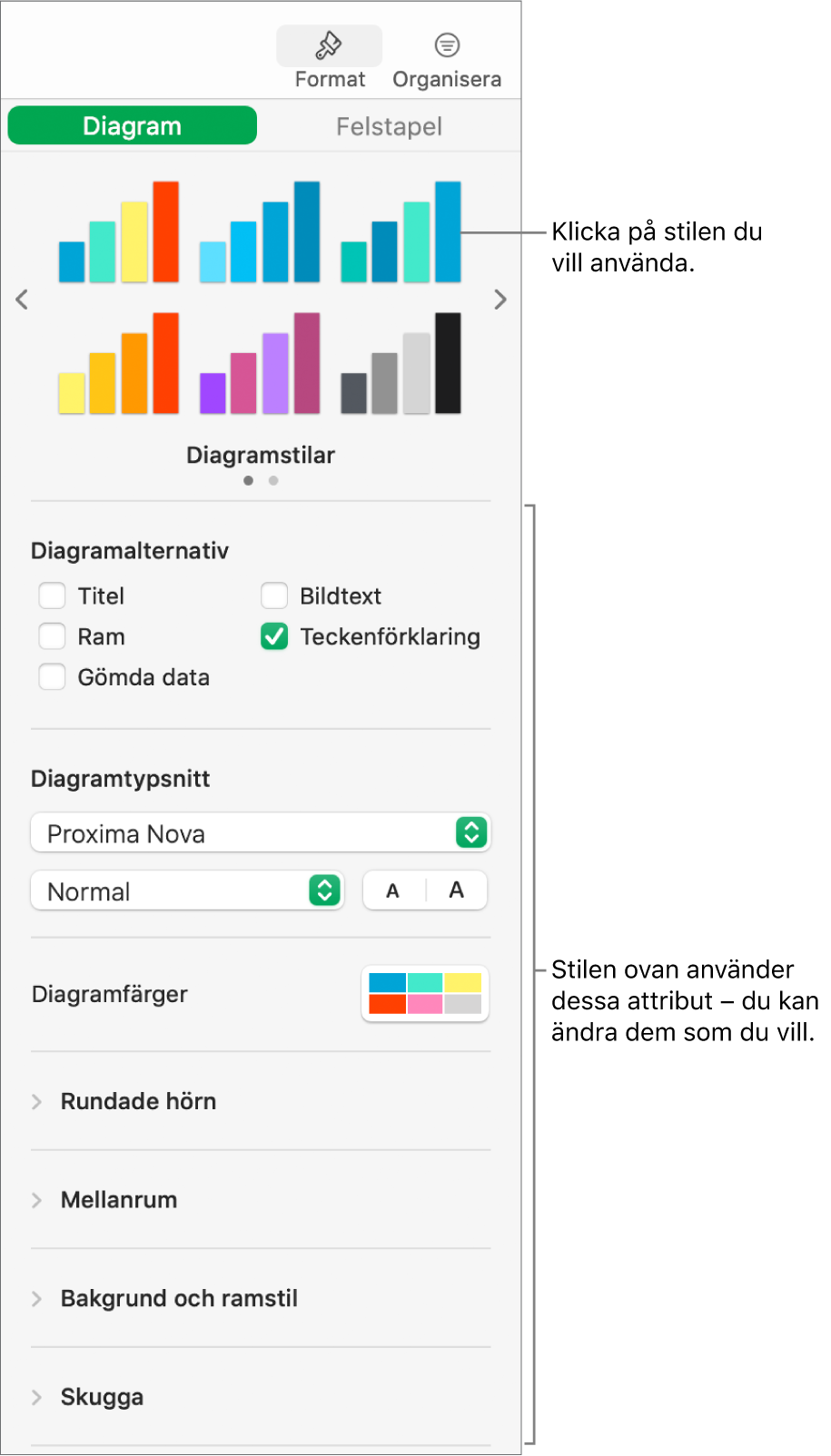 Formateringssidofältet med reglage för formatering av diagram.