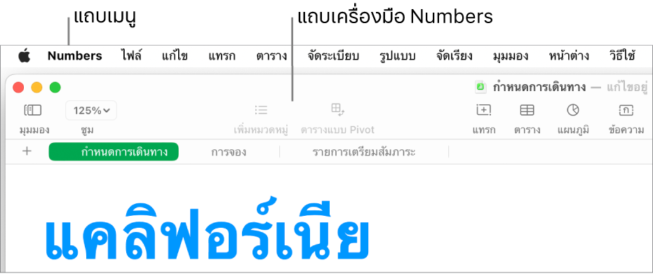 แถบเมนูที่ด้านบนสุดของหน้าจอ พร้อมเมนู Apple, Numbers, ไฟล์, แก้ไข, แทรก, ตาราง, จัดระเบียบ, รูปแบบ, จัดเรียง, มุมมอง, หน้าต่าง และวิธีใช้ ด้านล่างแถบเมนูเป็นสเปรดชีต Numbers ซึ่งเปิดอยู่ โดยมีปุ่มต่างๆ ของแถบเครื่องมืออยู่ที่ด้านบนสุด ซึ่งได้แก่ มุมมอง, ซูม, เพิ่มหมวดหมู่, ตารางแบบ Pivot, แทรก, ตาราง, แผนภูมิ และข้อความ