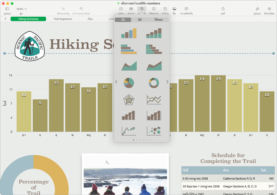 หน้าต่าง Numbers พร้อมเมนูแผนภูมิที่เปิดขึ้นจากแถบเครื่องมือ