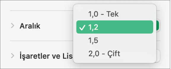 Tek, Çift ve diğer seçenekleri olan Aralık açılır menüsü.