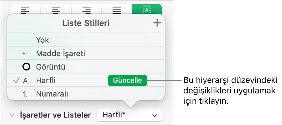 Yeni stilin adının yanında Güncelleme düğmesi olan Liste Stilleri açılır menüsü.