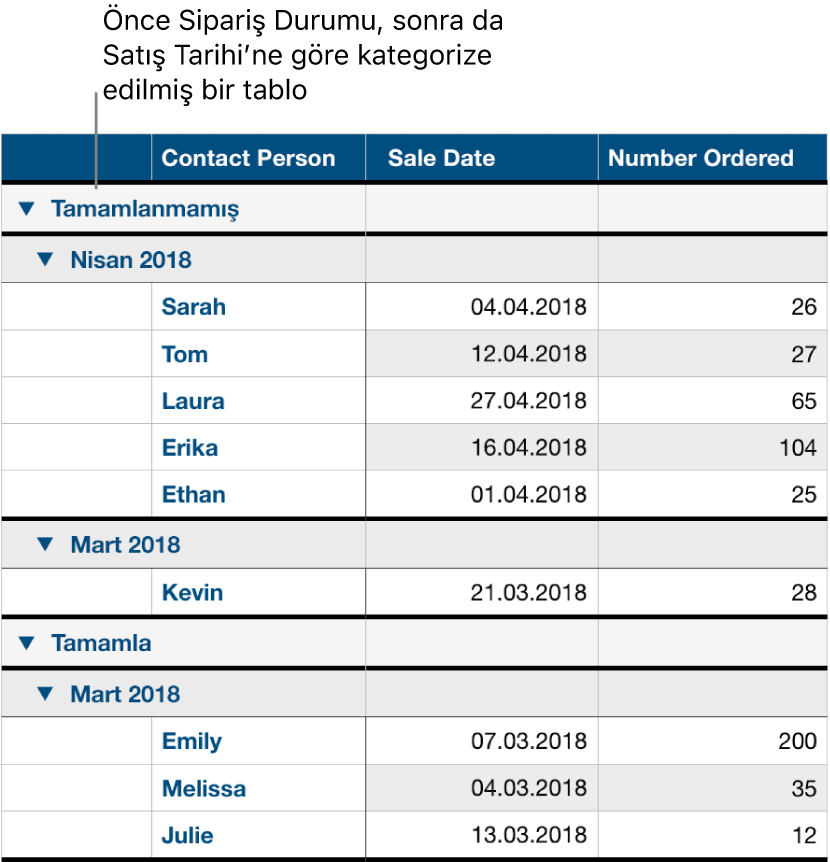 Satış tarihi alt kategori olmak üzere verilerin sipariş durumuna göre kategoriye ayrıldığı bir tablo.