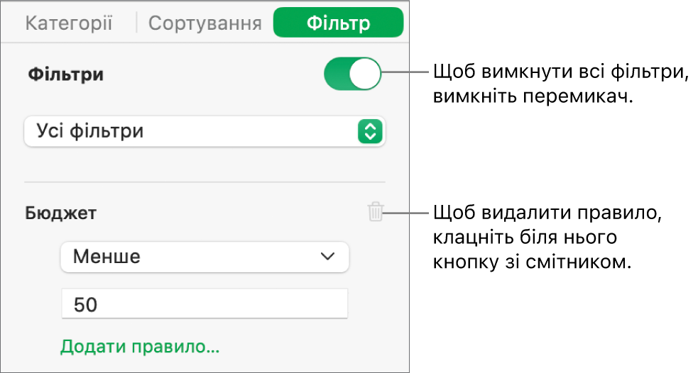 Елементи керування для видалення фільтра або вимкнення всіх фільтрів.