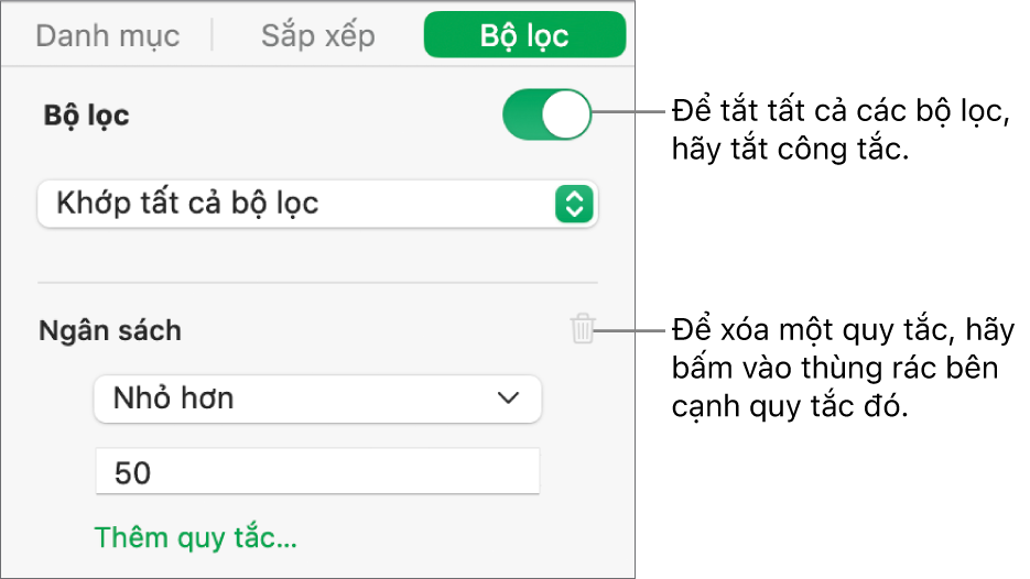 Các điều khiển để xóa bộ lọc hoặc tắt tất cả bộ lọc.