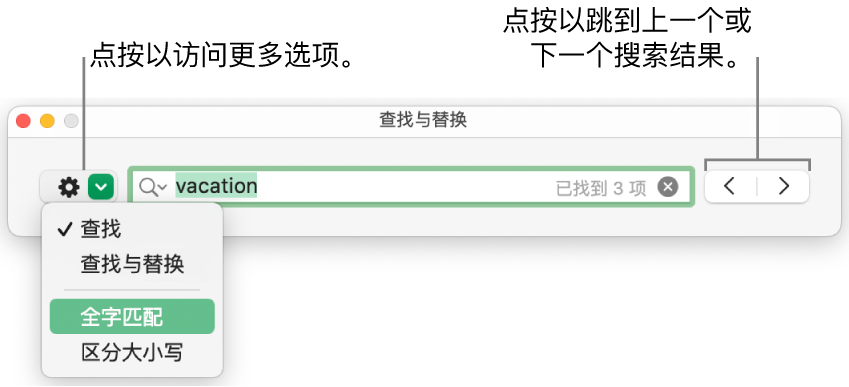 “查找与替换”窗口，其中的弹出式菜单显示“查找”、“查找与替换”、“全字匹配”和“区分大小写”的选项。右侧的箭头可让你跳到上一个或下一个搜索结果。