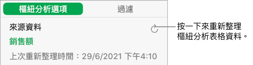 「樞紐分析選項」分頁顯示重新整理樞紐分析表格的選項。