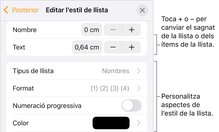 El menú “Editar l’estil de llista” en què es mostren els controls de l’espaiat de sagnat, tipus i format de la llista, numeració progressiva i interlineat.