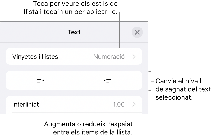 La secció “Vinyetes i llistes” dels controls de Format amb llegendes de “Vinyetes i llistes”, botons de sagnat i de sagnat esquerre, i controls d’interlineat.