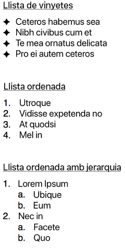 Exemples de llistes de vinyetes, ordenades i jeràrquiques.