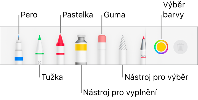 Panel nástrojů v Pages na iPhonu pro kreslení perem, tužkou, pastelem, nástrojem výplň, nástrojem pro výběr, gumou a výběrem barev se zobrazenou aktuální barvou