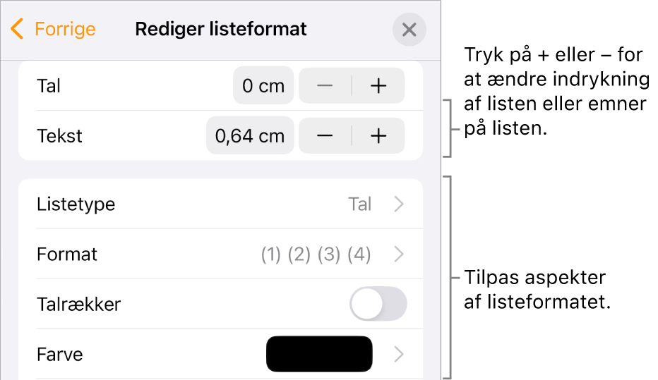 Menuen Rediger listeformat med betjeningsmuligheder til ind- og udrykning, listetype og -format, talrækker samt linjeafstand.