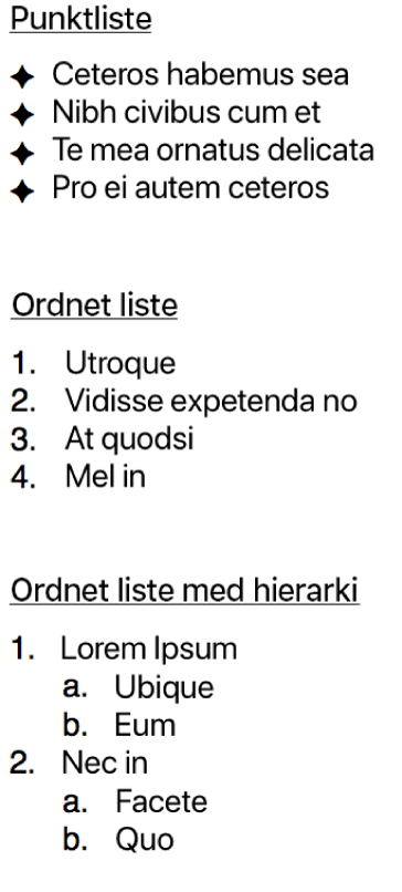 Eksempler på punktlister, ordnede lister og hierarkiske lister.