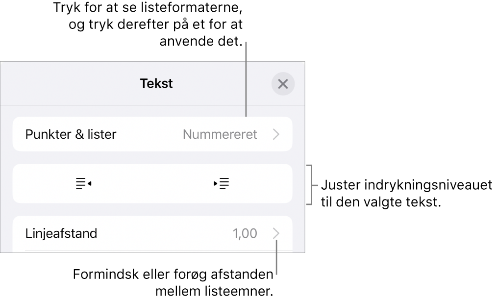 Området Punkter & lister under betjeningsmulighederne til format med billedforklaringer til Punkter & lister, knapperne Ryk ind og Ryk ud og betjeningsmulighederne til linjeafstand.