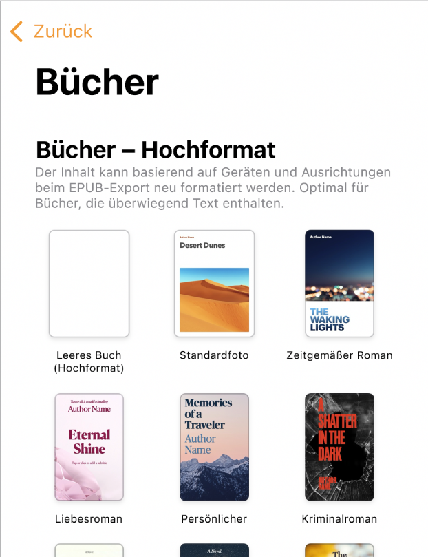 Die Vorlagenauswahl mit Buchvorlagen im Hochformat oben und im Querformat darunter