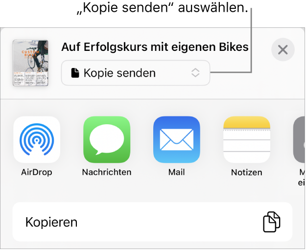 Das Menü „Teilen“, in dem „Kopie senden“ oben ausgewählt ist.