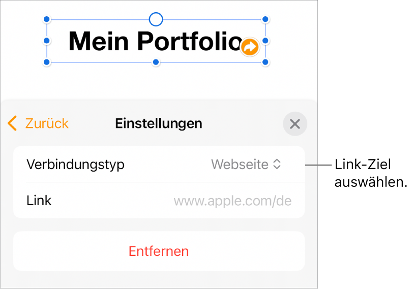 Die Steuerelemente der Linkeinstellungen mit ausgewählter Webseite und der Taste „Entfernen“ unten.