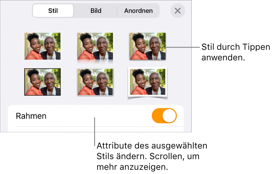 Der Stil des Menüs „Format“ mit Objektstilen oben und darunter einem Steuerelement zum Ändern des Rahmens