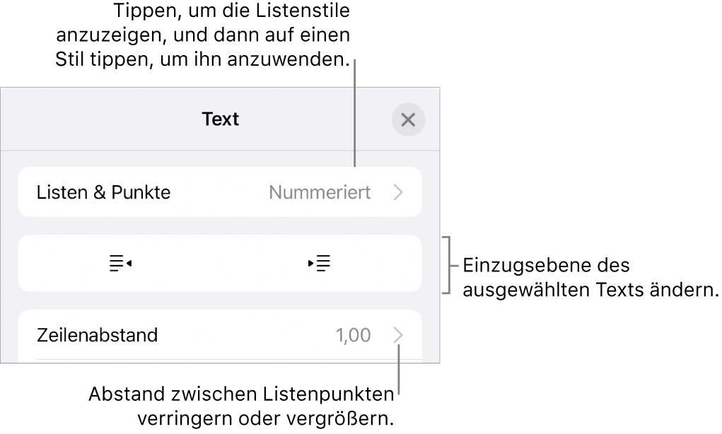 Der Abschnitt „Listen & Punkte“ der Formatsteuerungen mit Beschreibungen für „Listen & Punkte“, den Tasten „Einrücken“ und „Ausrücken“ und Steuerelemente für den Zeilenabstand.